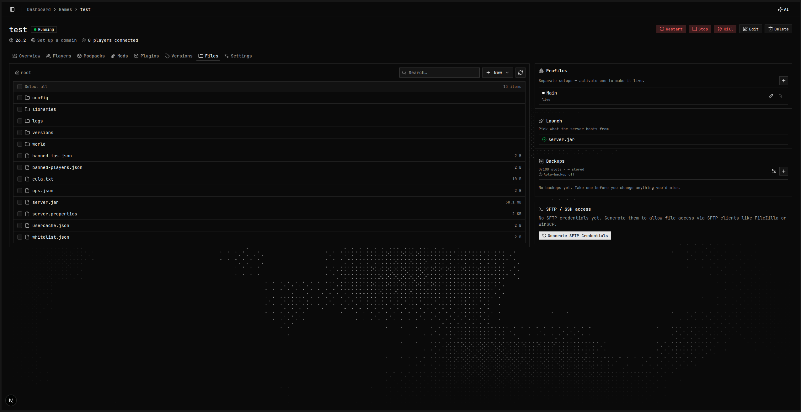 File manager showing server root alongside backups and SFTP access