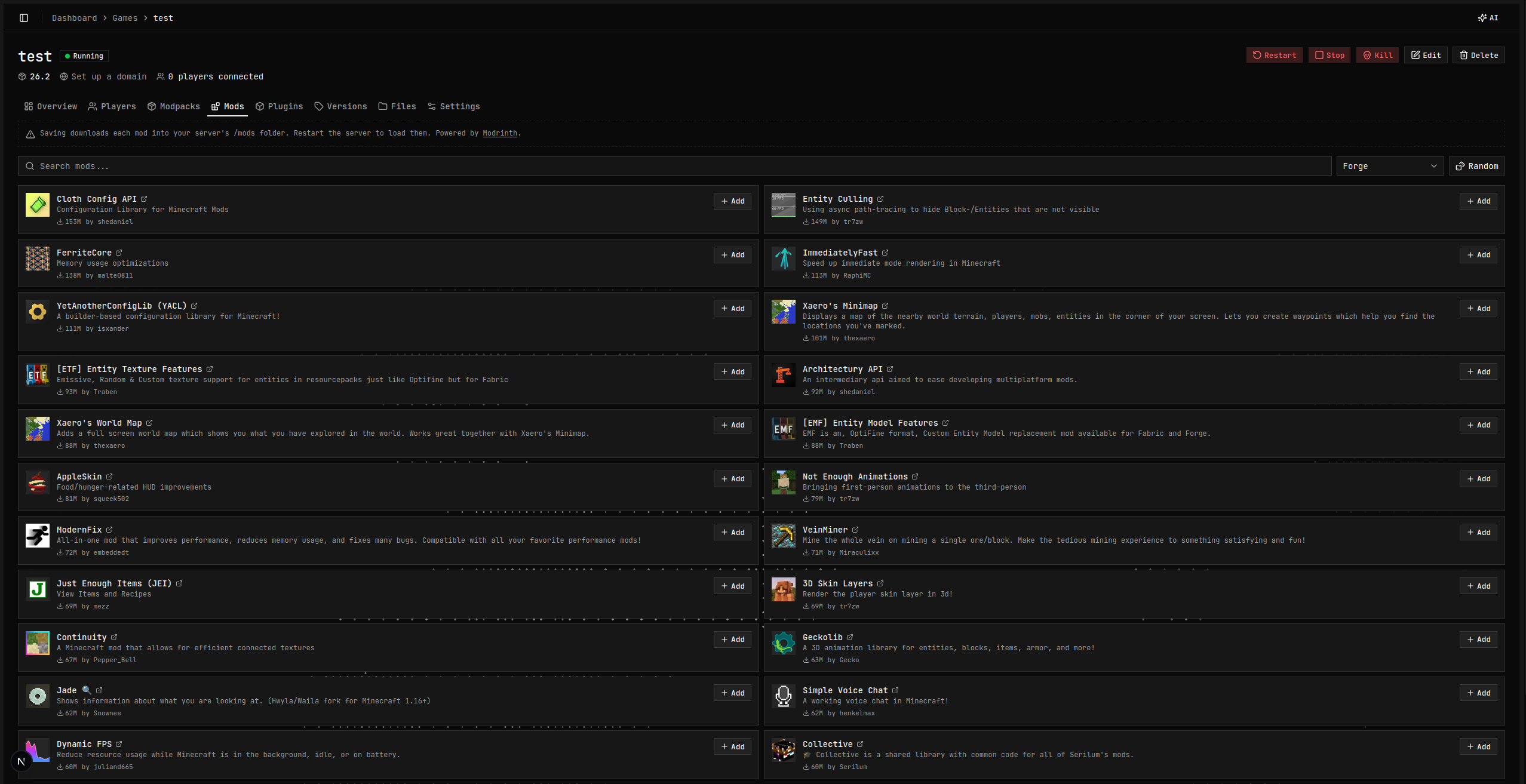 Mod browser showing Modrinth results with one-click Add buttons
