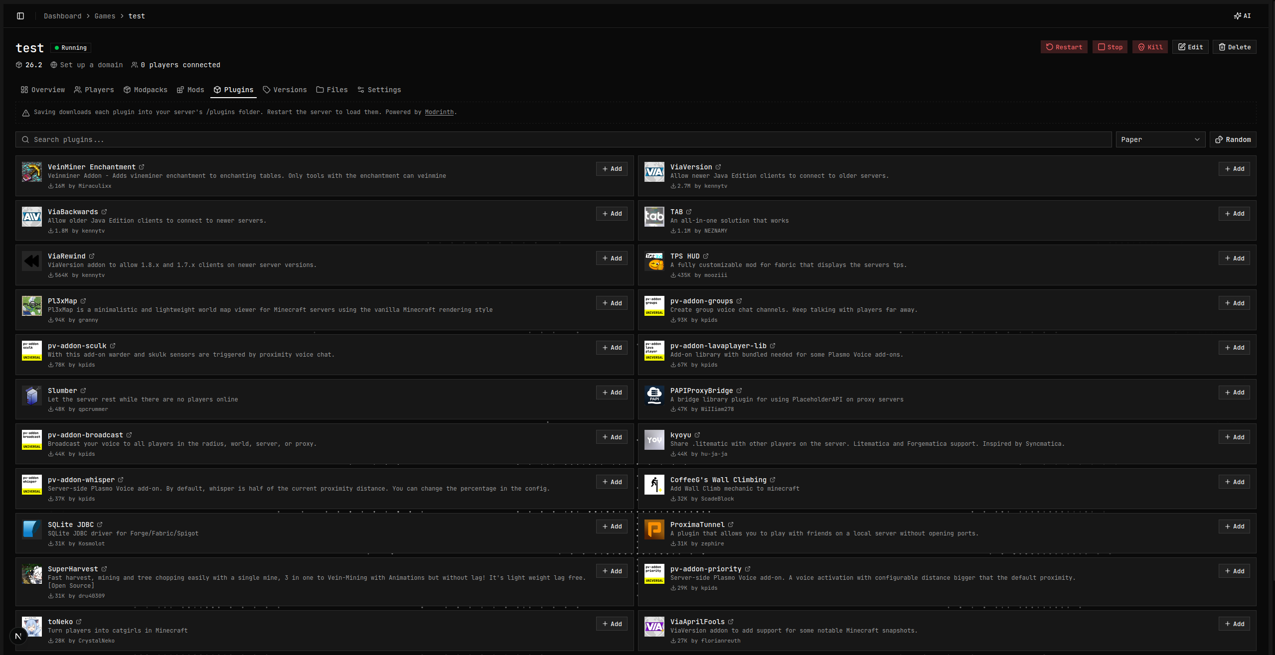 Plugin browser listing Paper plugins with Add buttons