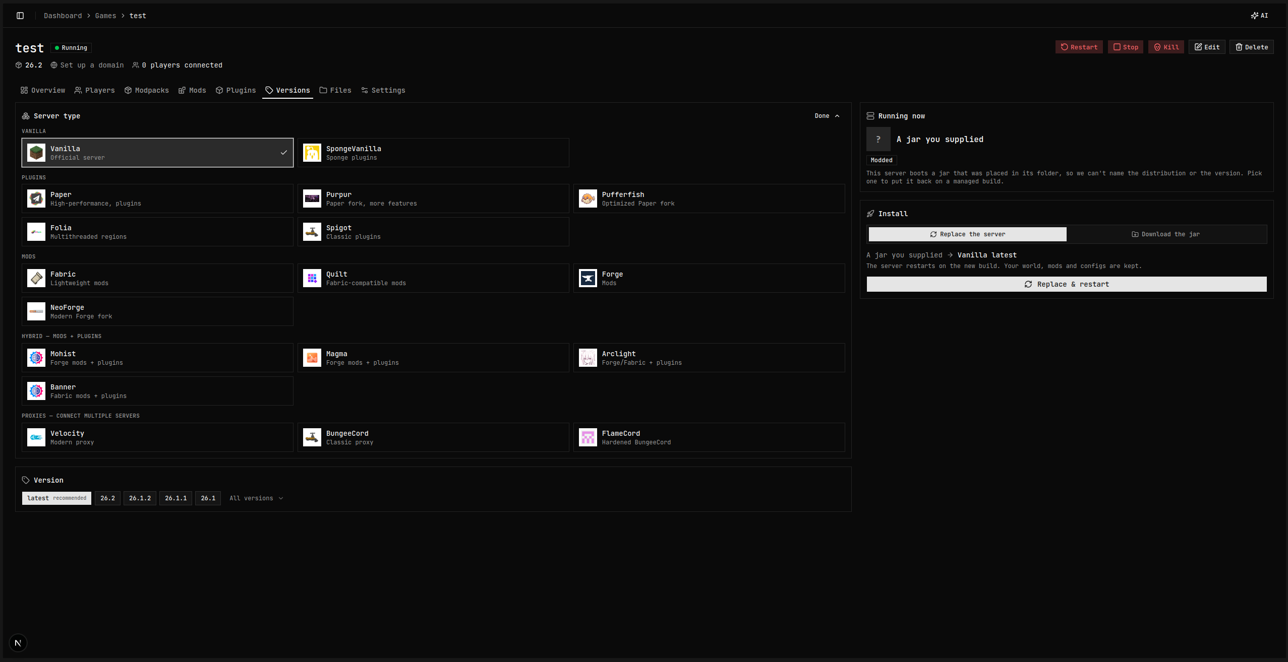 Server type picker with Vanilla, Paper, Fabric, Forge and proxy options